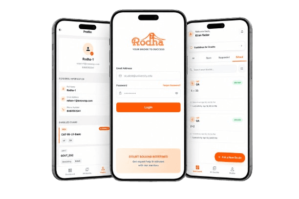 Rodha Buddy app showing doubt resolution screens