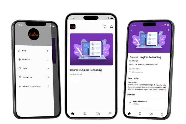 Rodha App showing live classes, recordings and tests on a phone